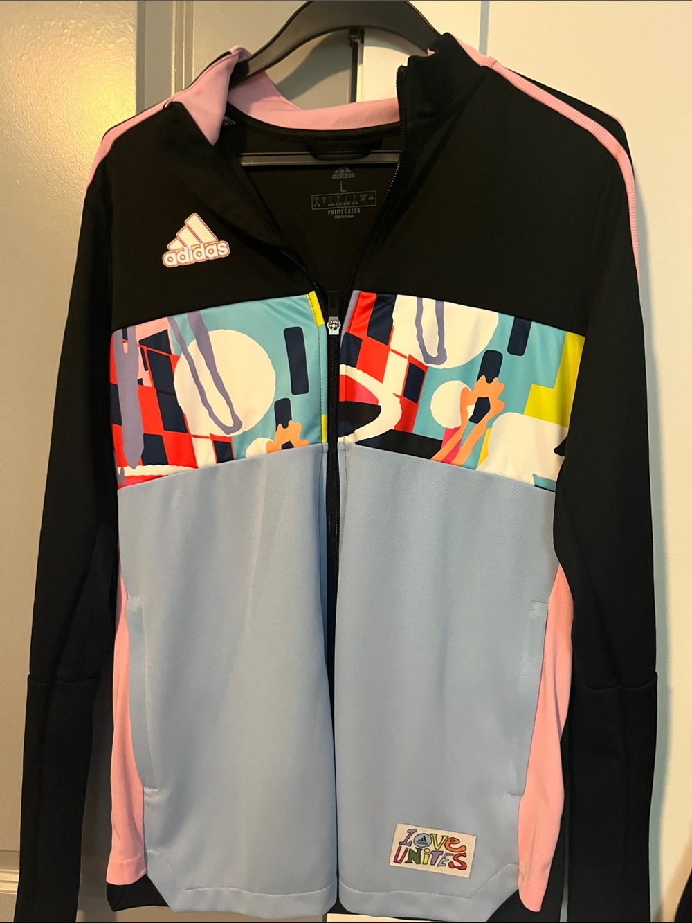 adidas Multicolor Geo-Panel Zip Jacket — Black, Light Blue & Pink